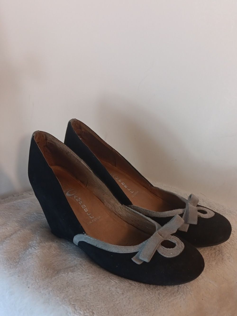 Jeffrey Campbell Black Suede Wedges with Gray Trim and Bow Accent